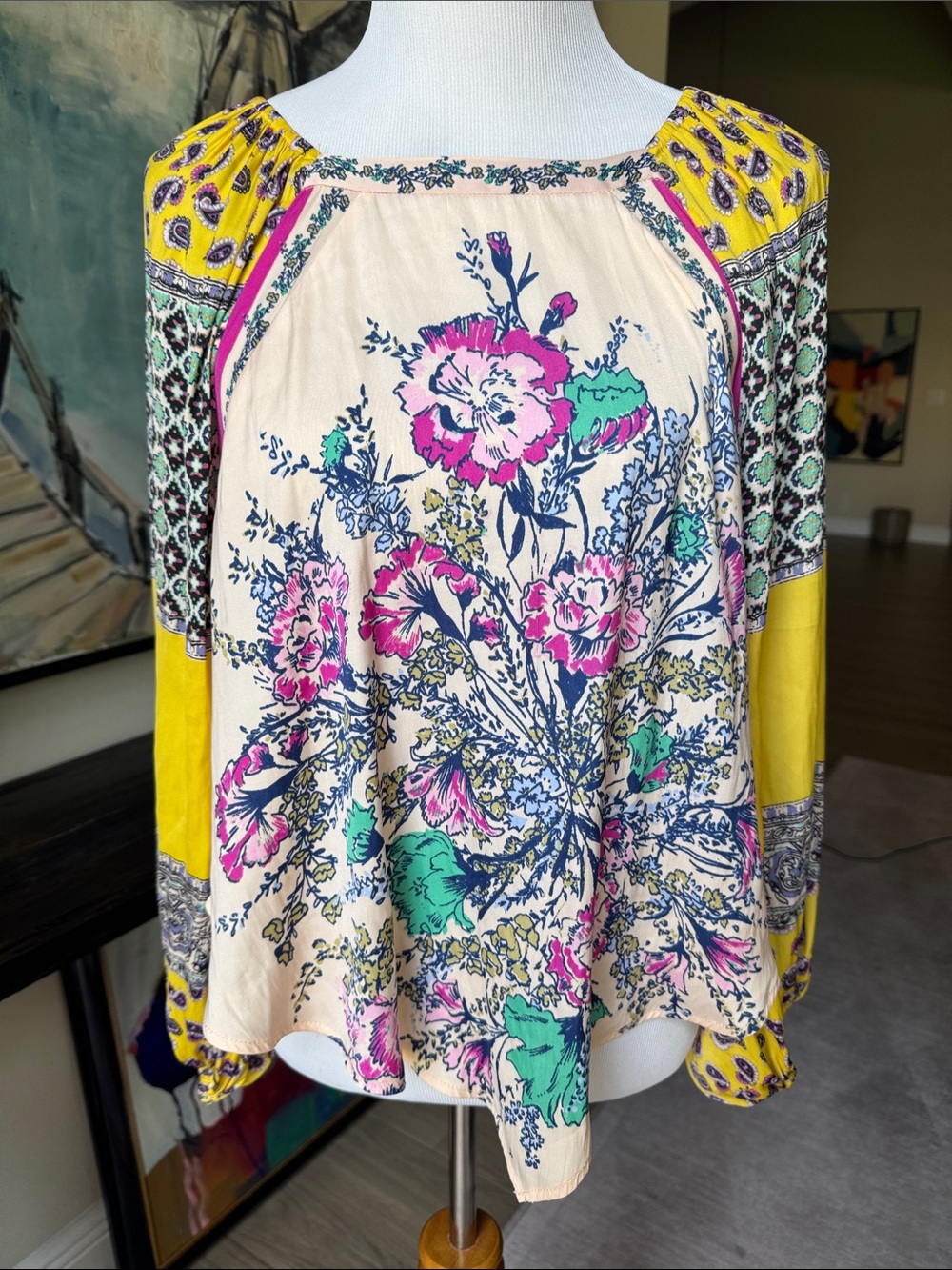 Free People Floral Mixed-Print Peasant Top - Yellow, Pink & Green